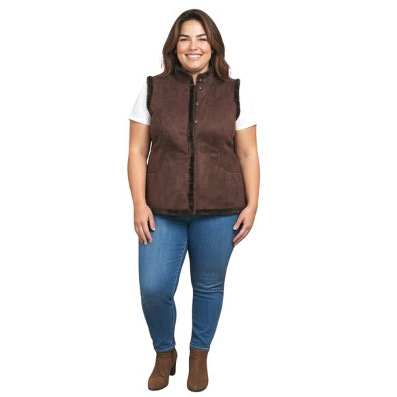 Denim & Co Vest Jacket Women's XL Faux Suede-Fur Trim Pockets Winter Layer Brown - Picture 1 of 13